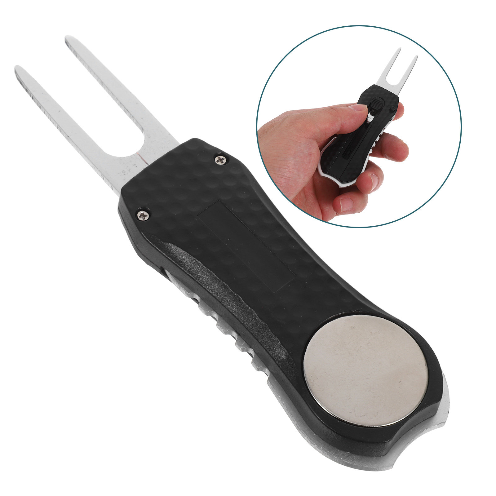 Divot Repair Tool - เครื่องมือซ่อมรอยบุบสนามกอล์ฟแบบพับได้ สแตนเลสสีเขียว พร้อมปุ่มปลดล็อคและมาร์คเกอร์ลูกกอล์ฟ อุปกรณ์กอล์ฟขนาดกะทัดรัด